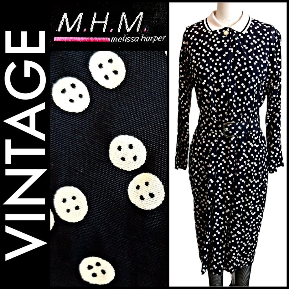 Vintage 80s Quirky Button Print Midi Dress Melissa Harper Hipster unique novelty